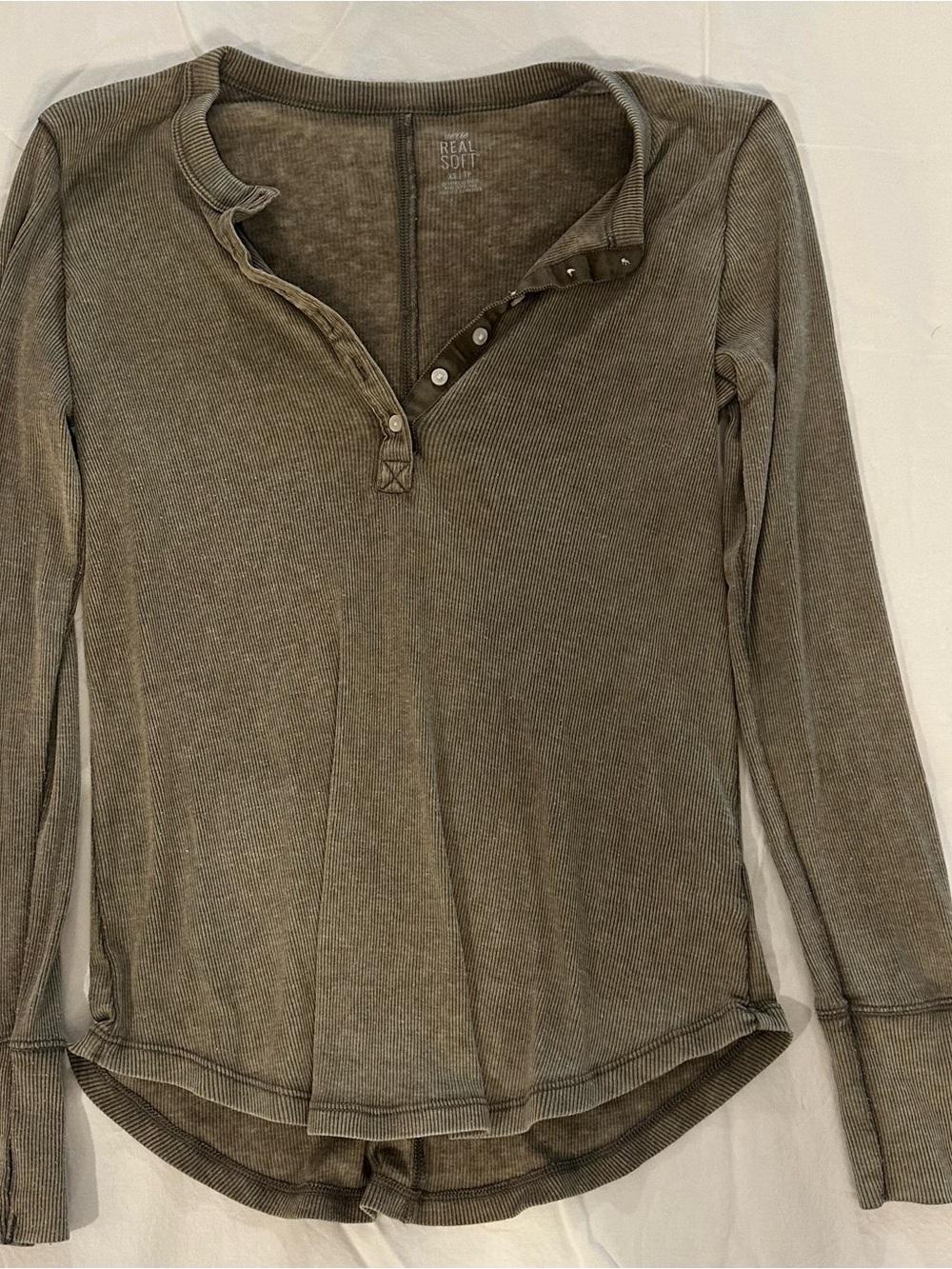 AERIE Real Soft Henley Long Sleeve Top in Olive size xs